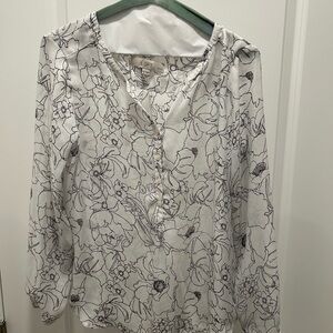 LOFT White and Black Quarter Length Sleeve Relaxed Blouse